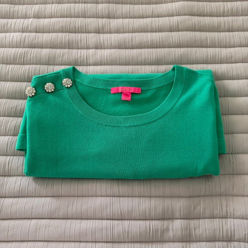 Spring Green Lilly Pulitzer Pull-Over Sweater With Rhinestone Button Trim - Picture 5 of 5